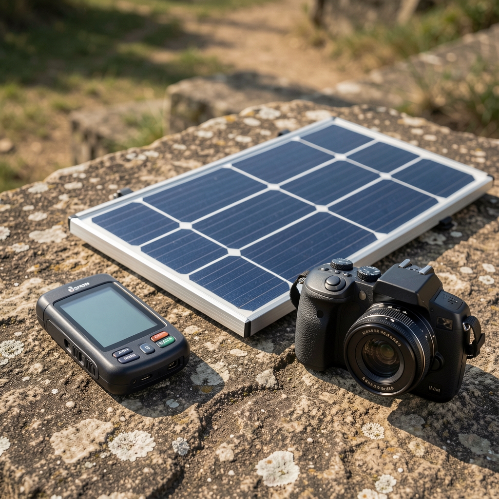Çeşitli outdoor teknoloji ekipmanları düzenli şekilde taş zemin üzerinde sergilenmiş, GPS cihazı, güneş paneli ve kompakt kamera