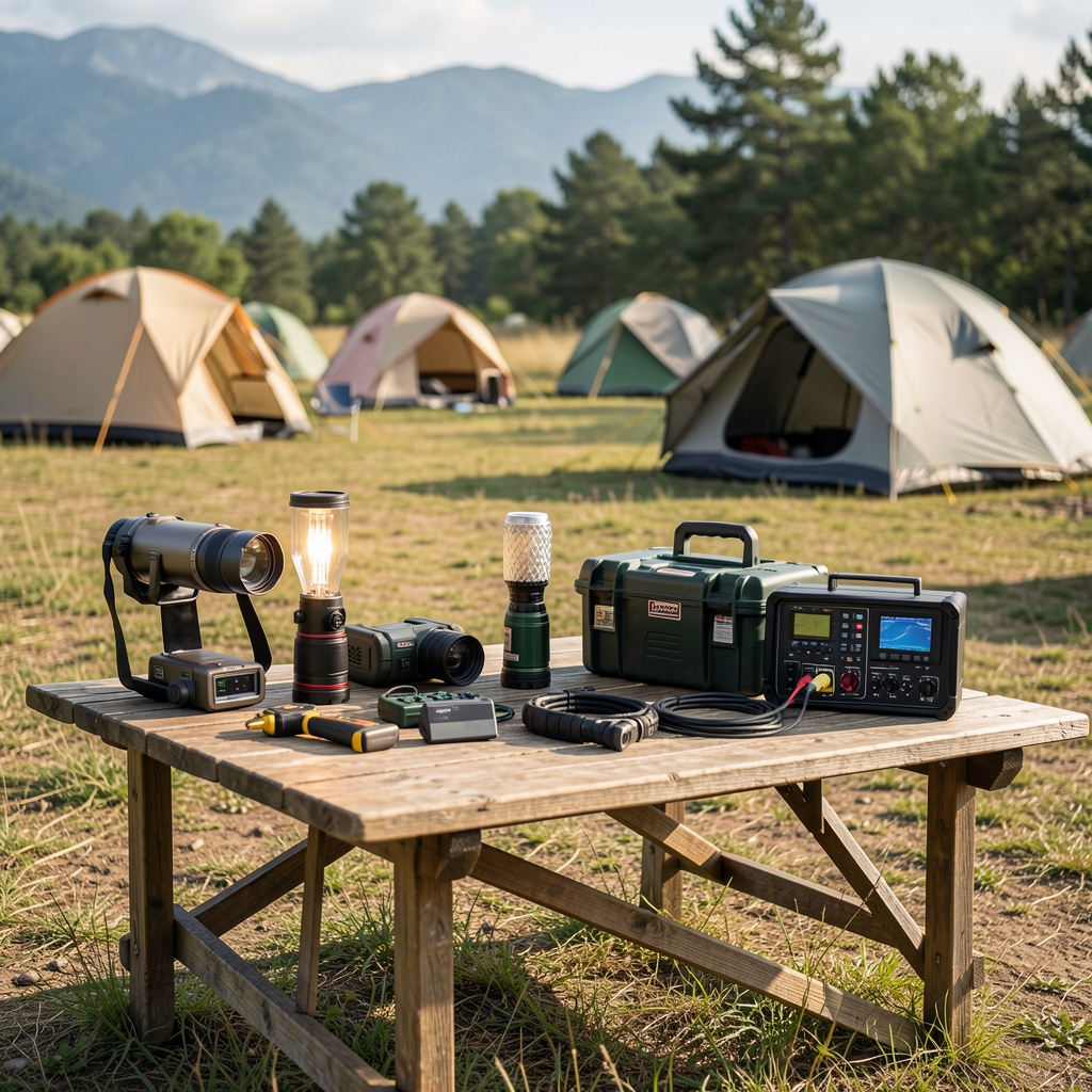 Boş kamp alanında düzenli şekilde yerleştirilmiş modern outdoor teknoloji ekipmanları koleksiyonu, üstten görünüm