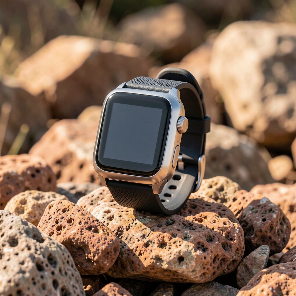 Çakıl taşlar üzerinde duran outdoor akıllı saat, metal kasa ve sağlam spor kayışı