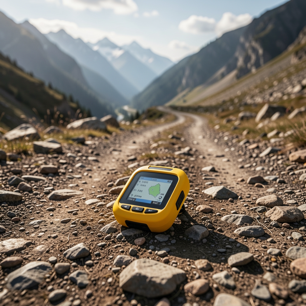 Kayalık arazide bulunan kompakt GPS navigasyon cihazı, dayanıklı kasa ve çok renkli harita ekranıyla