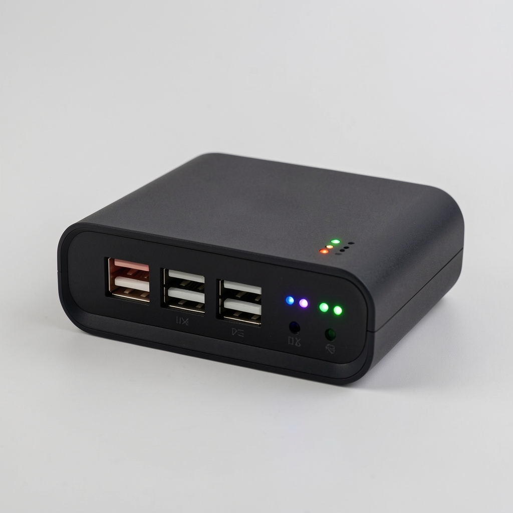 Yüksek kapasiteli powerbank şarj cihazı düz yüzey üzerinde, çoklu USB port ve LED şarj göstergesi